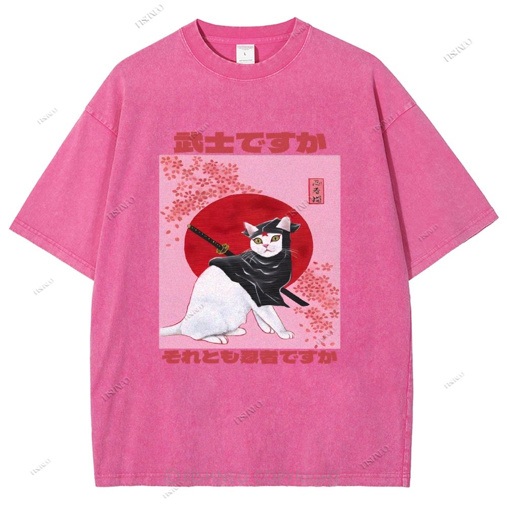 Unisex Japanese Cat Samurai Ninja Printed Washed Tee