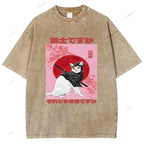 Unisex Japanese Cat Samurai Ninja Printed Washed Tee