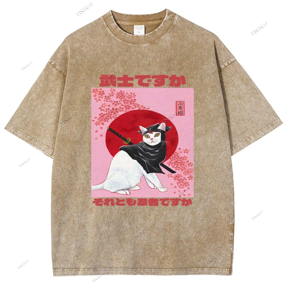 Unisex Japanese Cat Samurai Ninja Printed Washed Tee
