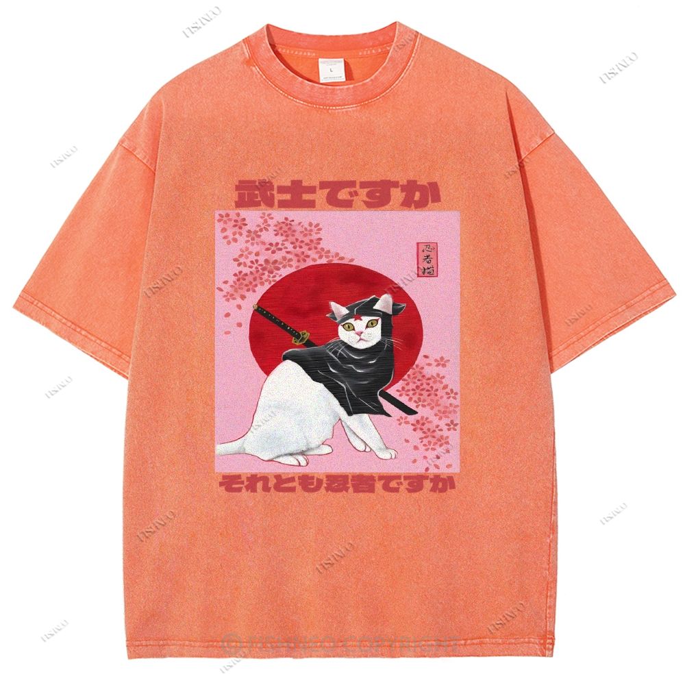 Unisex Japanese Cat Samurai Ninja Printed Washed Tee