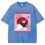 Unisex Japanese Cat Samurai Ninja Printed Washed Tee