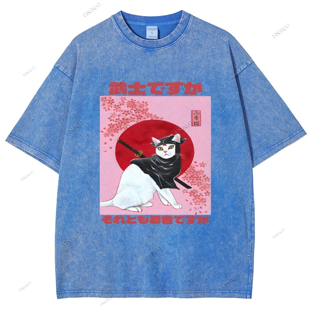 Unisex Japanese Cat Samurai Ninja Printed Washed Tee