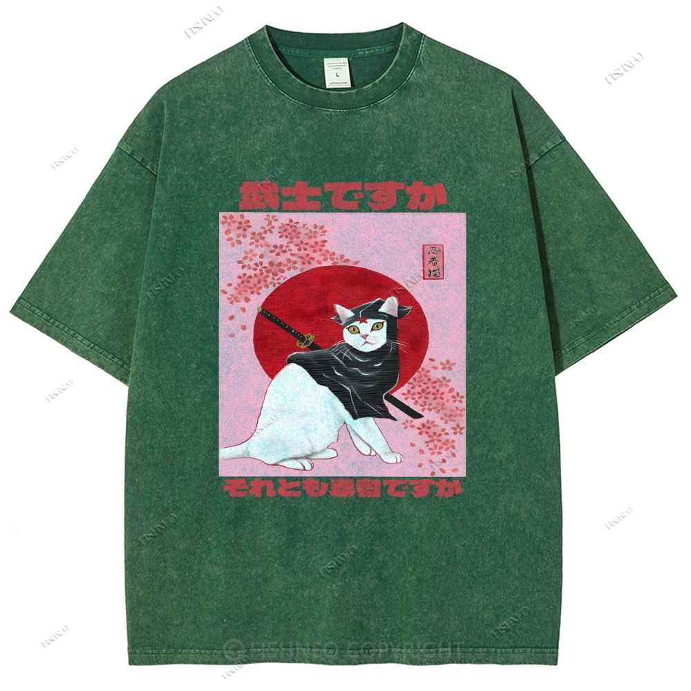 Unisex Japanese Cat Samurai Ninja Printed Washed Tee