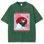 Unisex Japanese Cat Samurai Ninja Printed Washed Tee