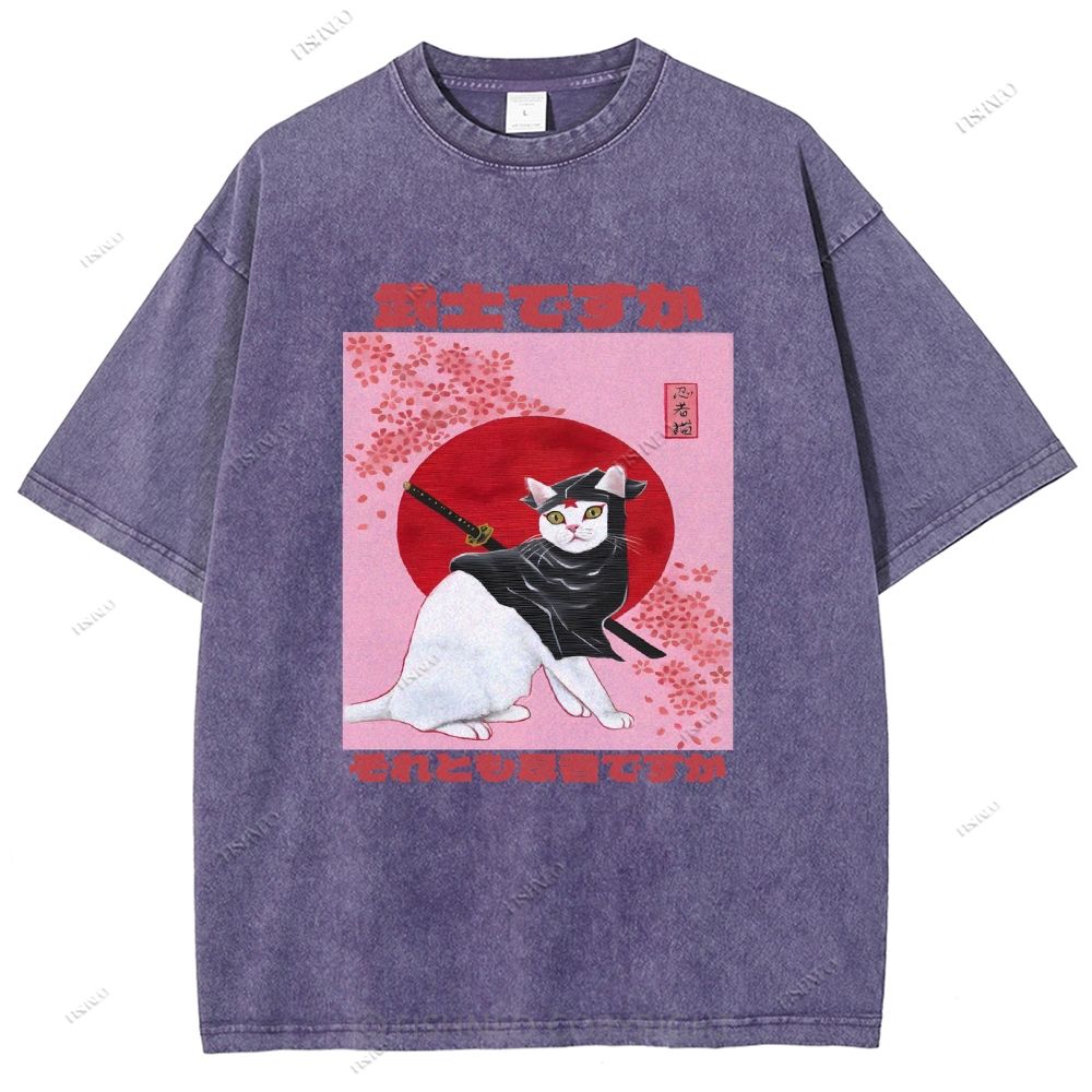 Unisex Japanese Cat Samurai Ninja Printed Washed Tee