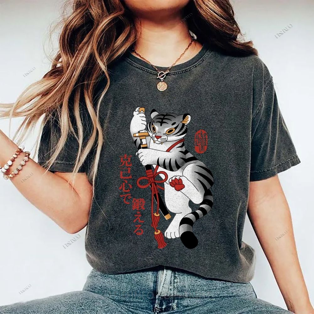 Unisex Japanese Tiger Samurai Ninja Printed Washed Tee