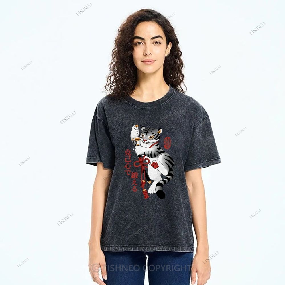 Unisex Japanese Tiger Samurai Ninja Printed Washed Tee