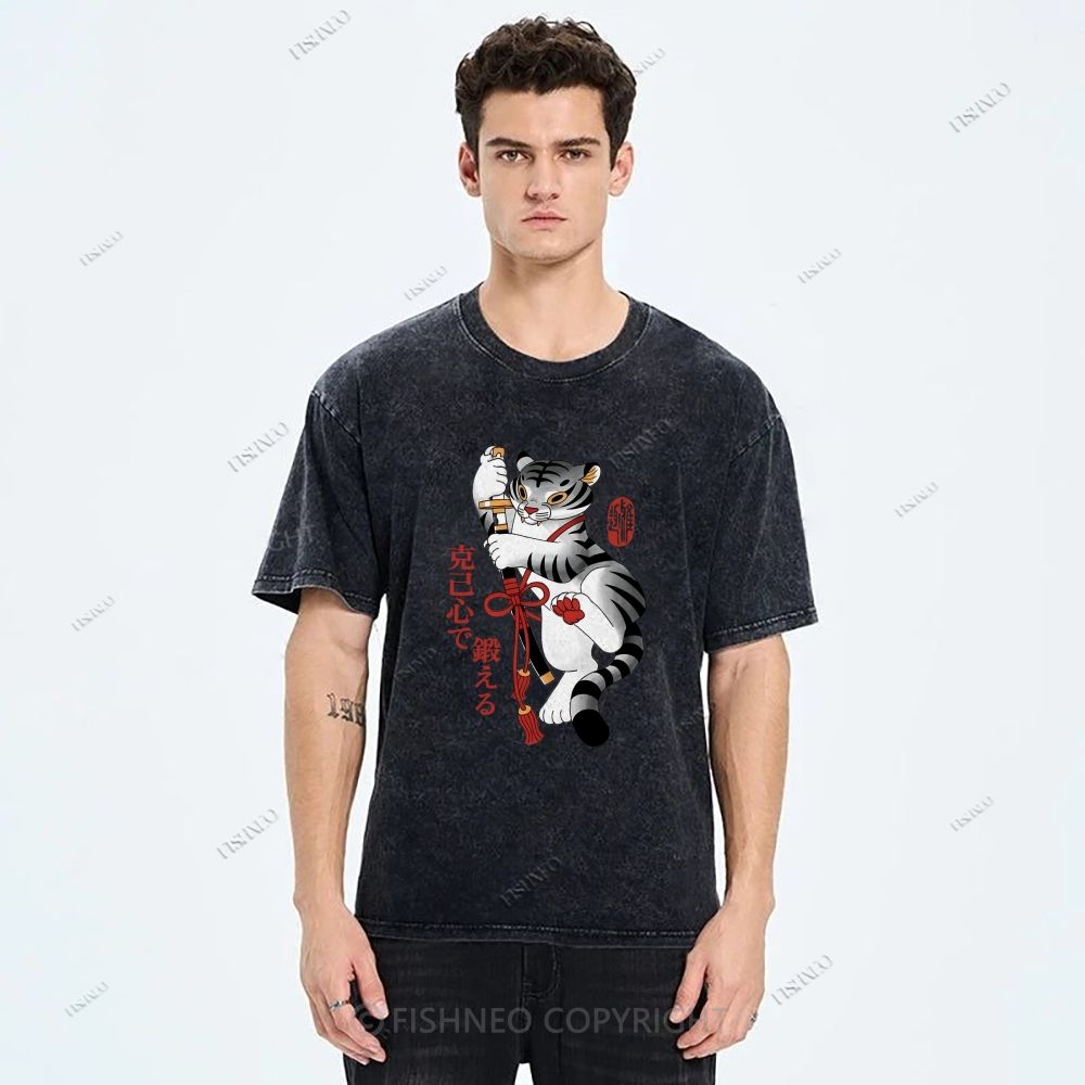 Unisex Japanese Tiger Samurai Ninja Printed Washed Tee