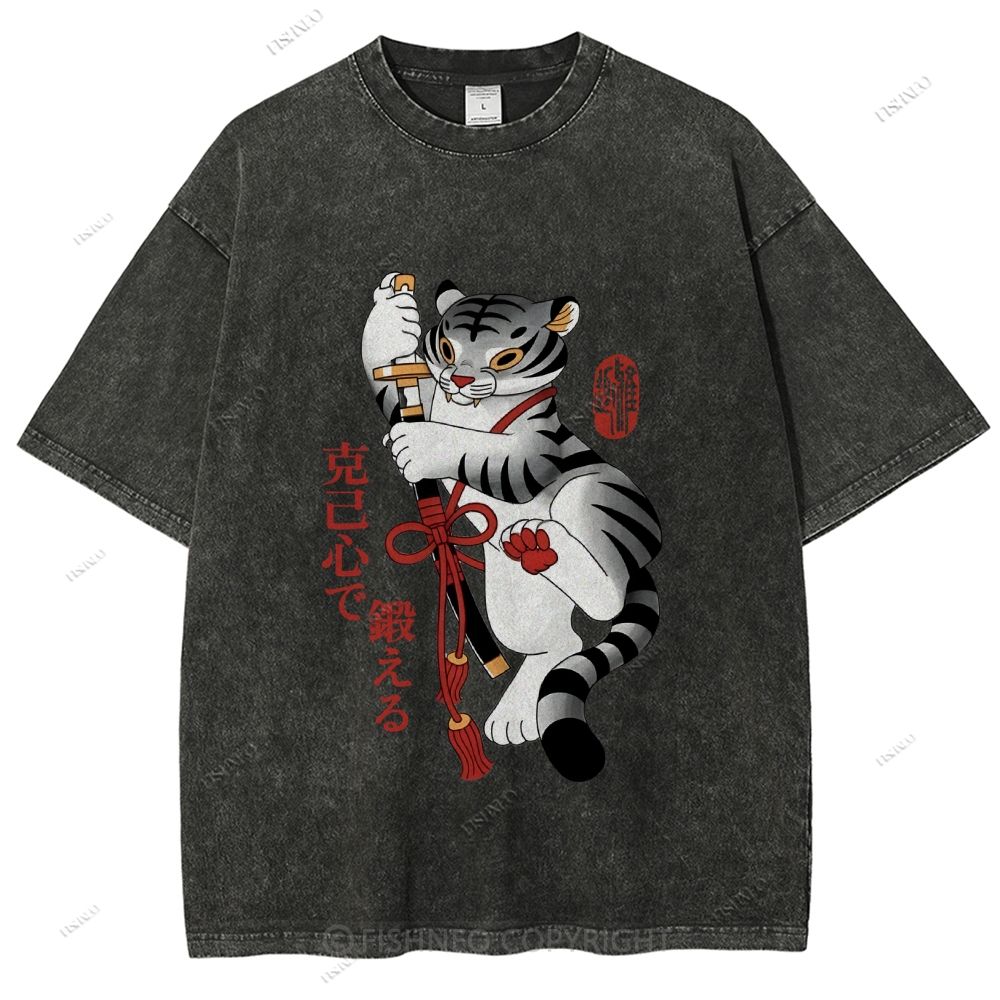 Unisex Japanese Tiger Samurai Ninja Printed Washed Tee