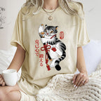 Unisex Japanese Tiger Samurai Ninja Printed Washed Tee