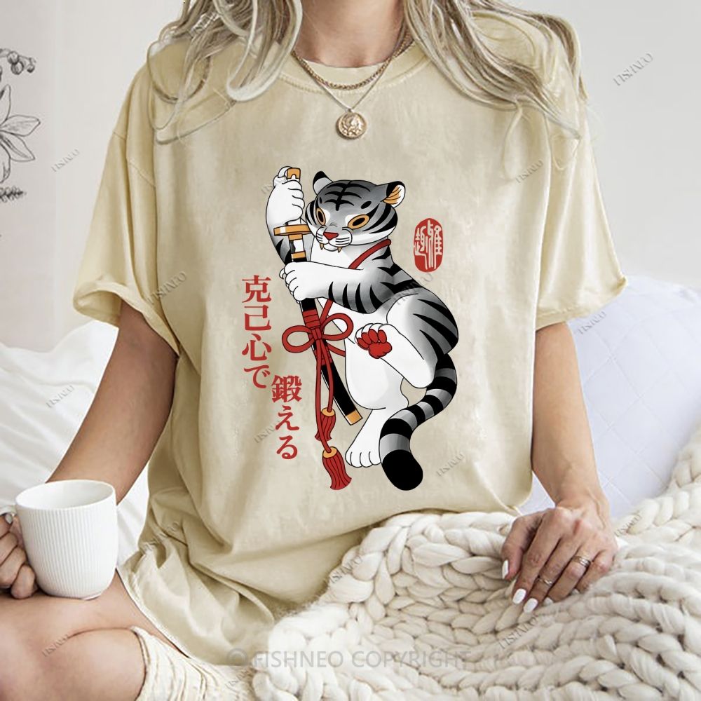 Unisex Japanese Tiger Samurai Ninja Printed Washed Tee
