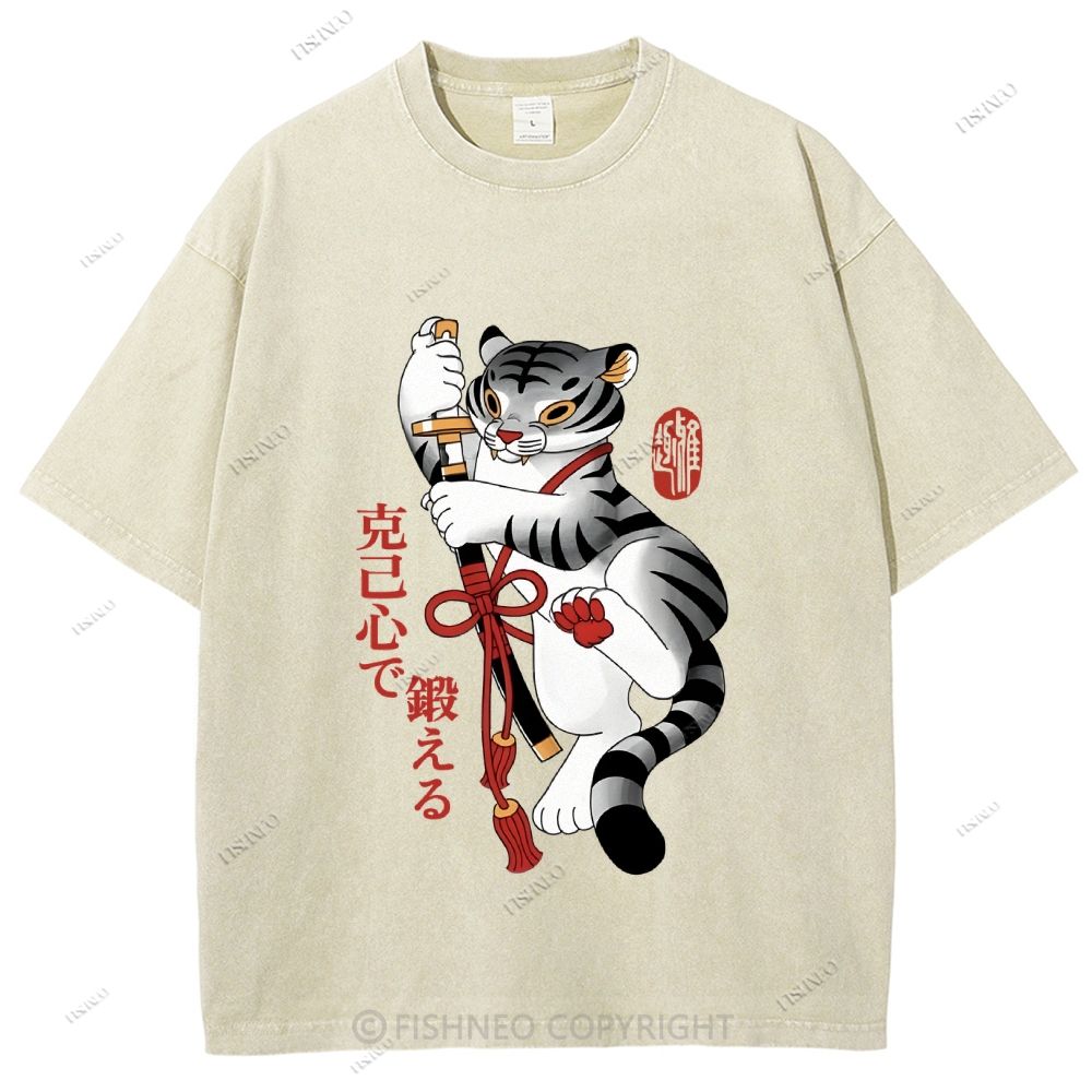 Unisex Japanese Tiger Samurai Ninja Printed Washed Tee