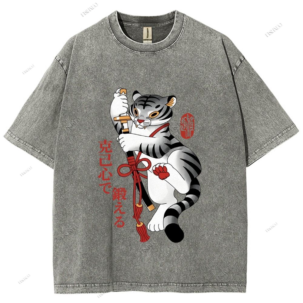 Unisex Japanese Tiger Samurai Ninja Printed Washed Tee