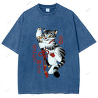 Unisex Japanese Tiger Samurai Ninja Printed Washed Tee