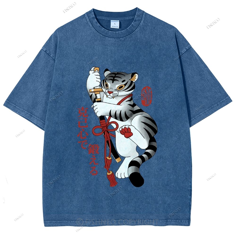 Unisex Japanese Tiger Samurai Ninja Printed Washed Tee