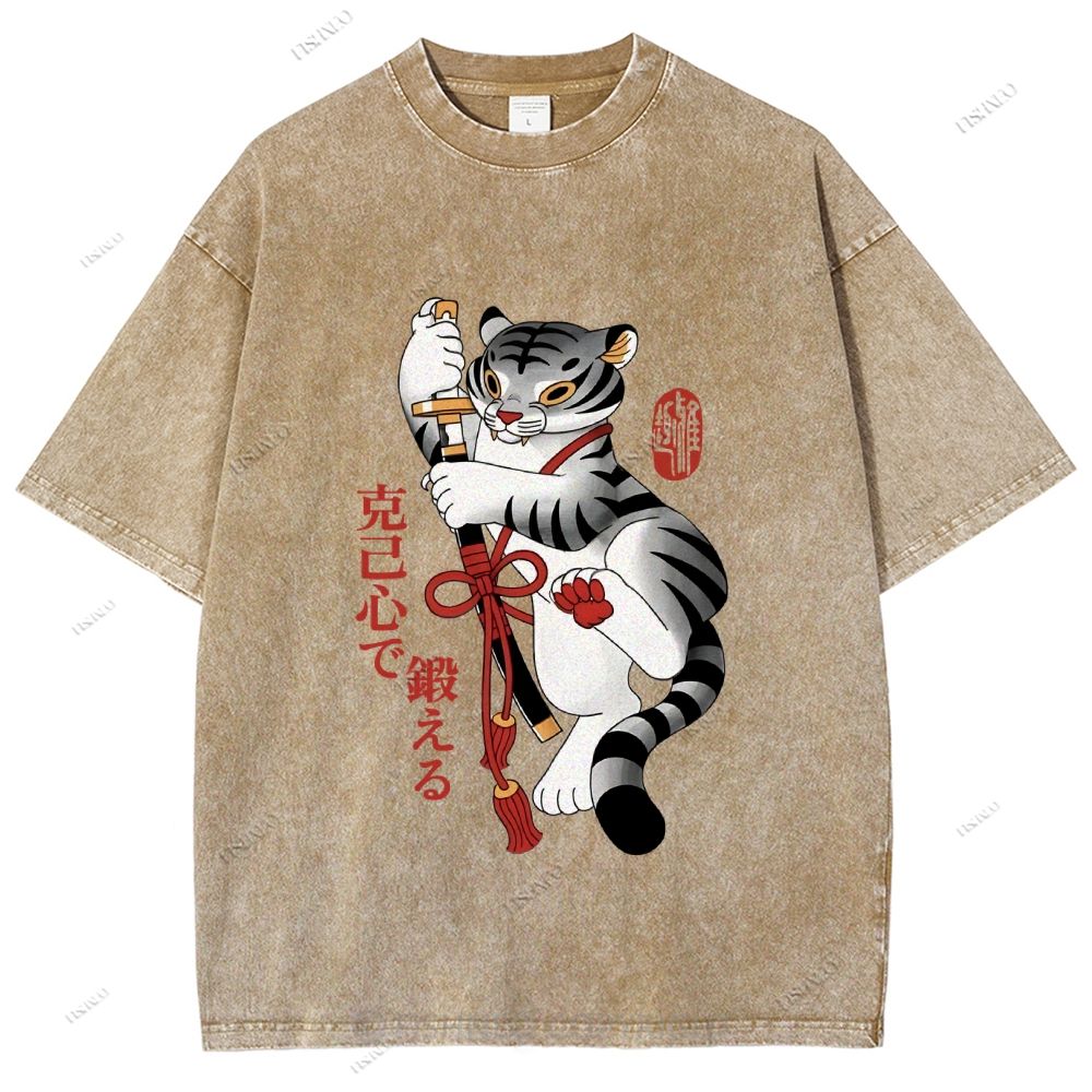 Unisex Japanese Tiger Samurai Ninja Printed Washed Tee