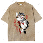 Unisex Japanese Tiger Samurai Ninja Printed Washed Tee