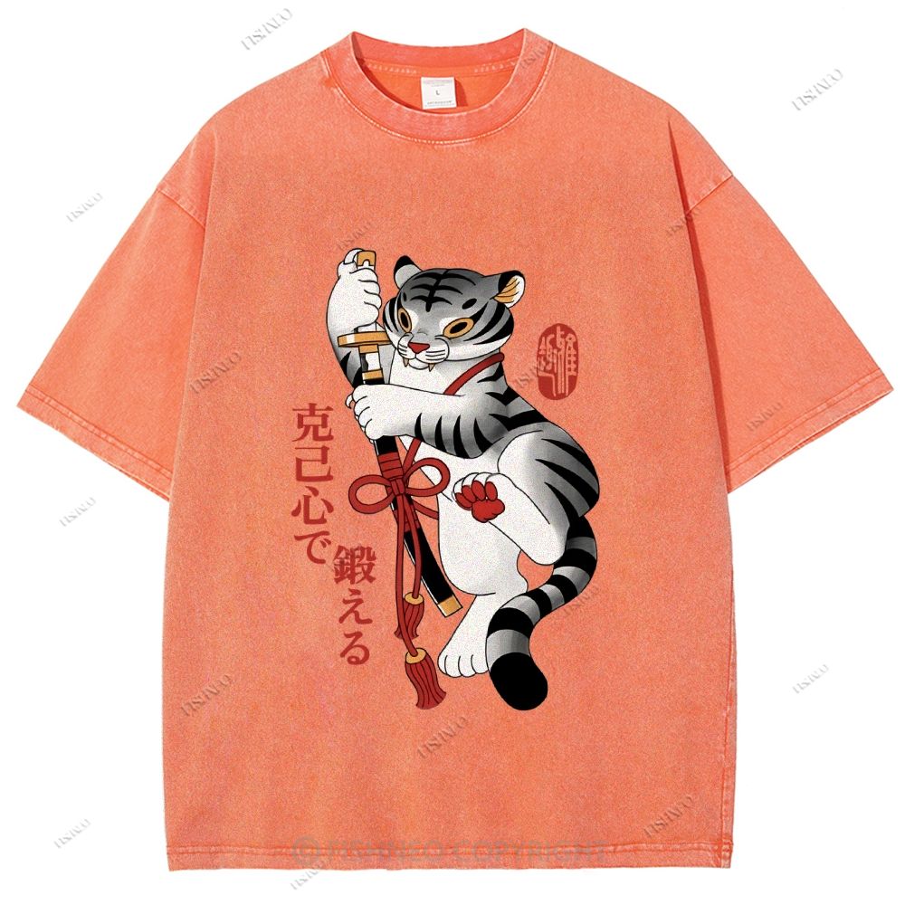 Unisex Japanese Tiger Samurai Ninja Printed Washed Tee