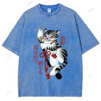 Unisex Japanese Tiger Samurai Ninja Printed Washed Tee
