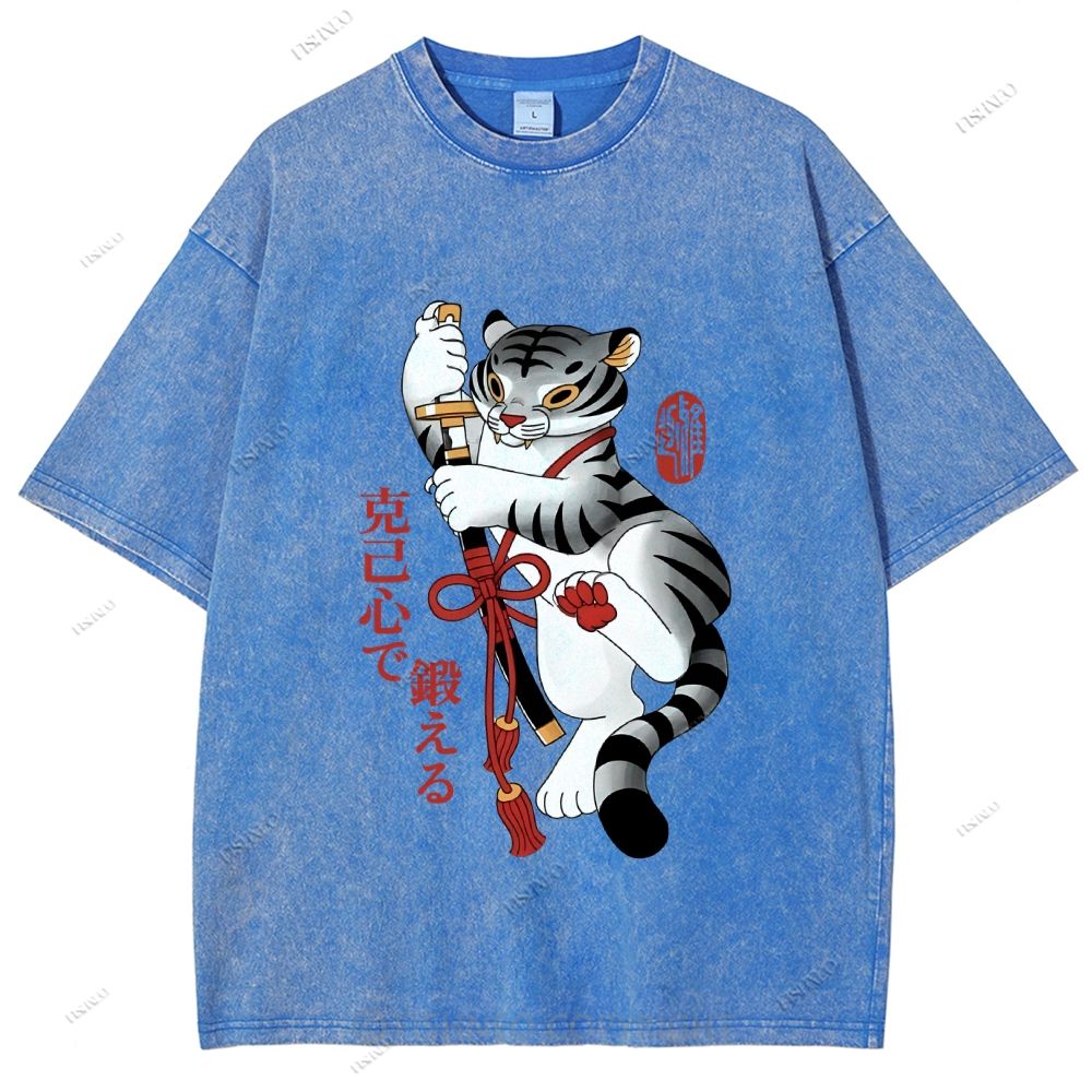 Unisex Japanese Tiger Samurai Ninja Printed Washed Tee