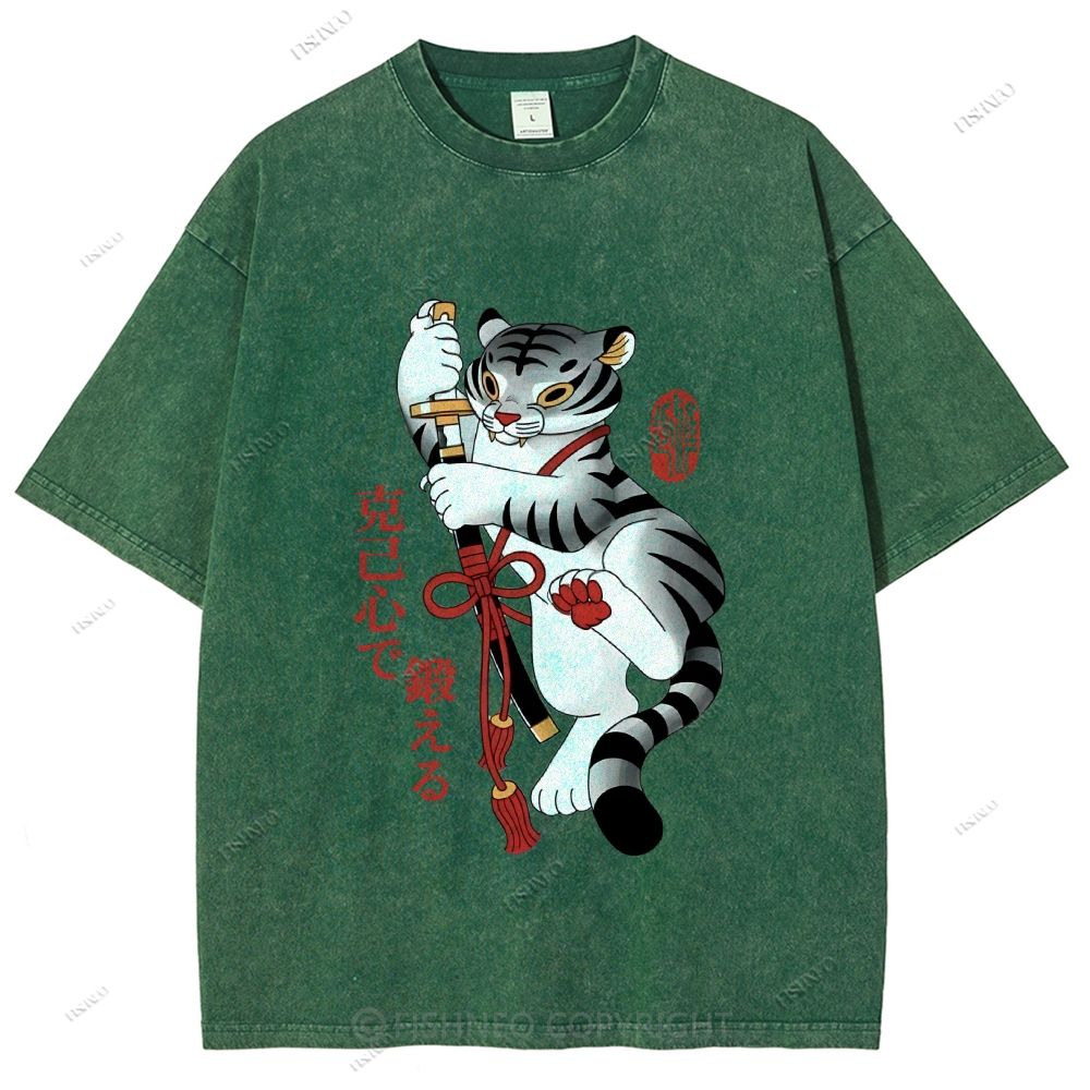 Unisex Japanese Tiger Samurai Ninja Printed Washed Tee