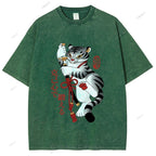 Unisex Japanese Tiger Samurai Ninja Printed Washed Tee