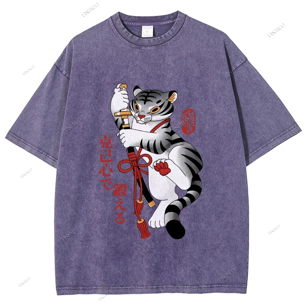 Unisex Japanese Tiger Samurai Ninja Printed Washed Tee