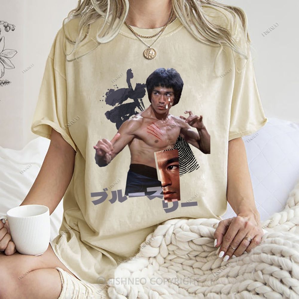 Unisex Japanese Collage Bruce Lee Printed Washed Tee