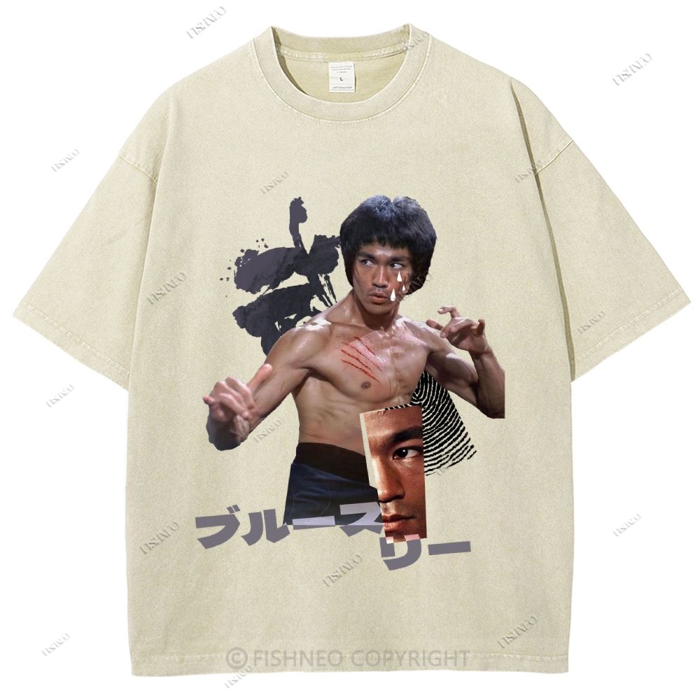 Unisex Japanese Collage Bruce Lee Printed Washed Tee