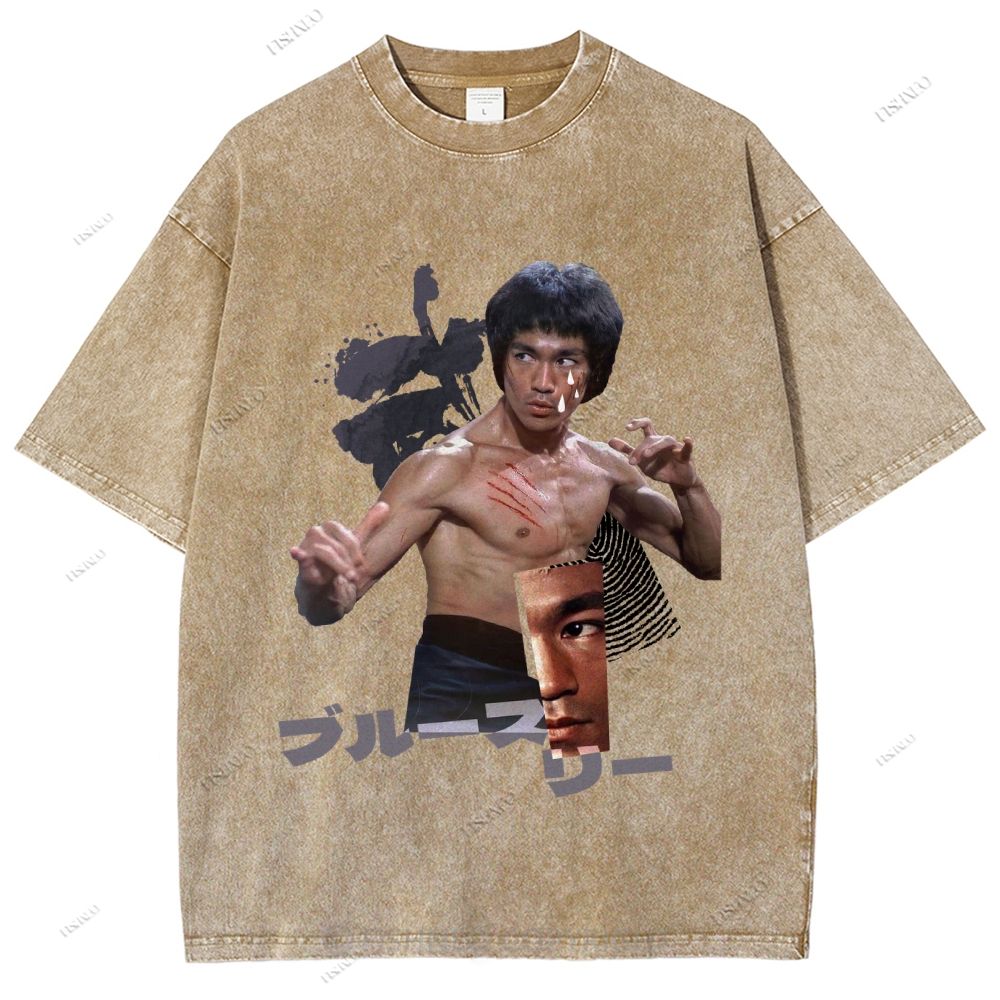 Unisex Japanese Collage Bruce Lee Printed Washed Tee