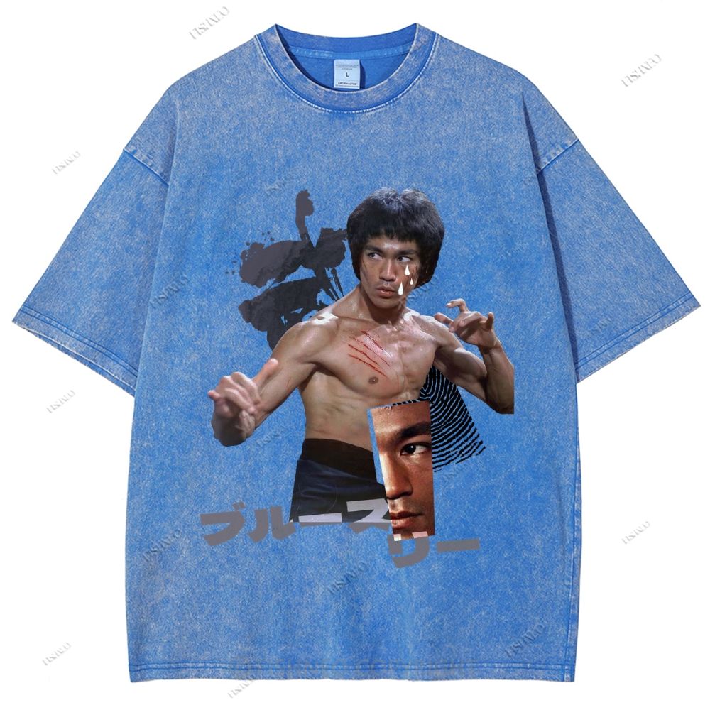 Unisex Japanese Collage Bruce Lee Printed Washed Tee