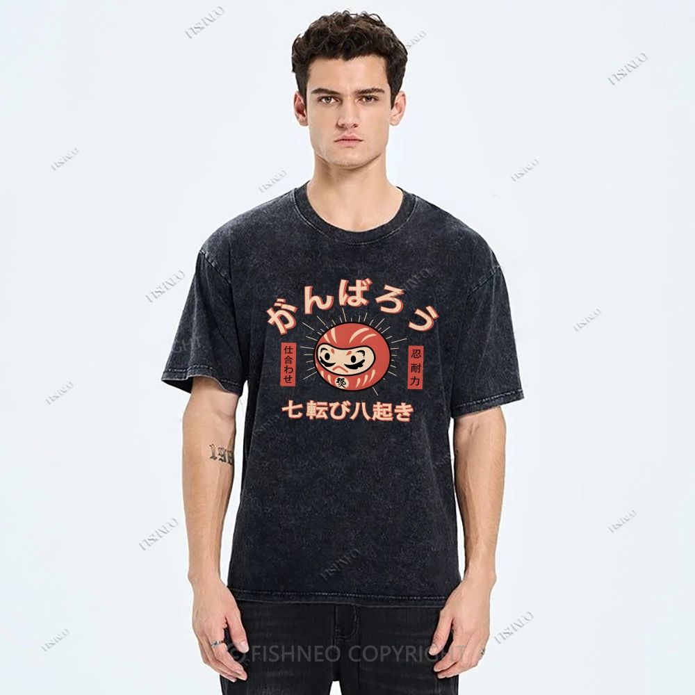 Unisex Japanese Daruma Printed Washed Tee