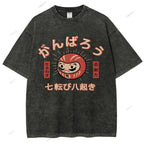 Unisex Japanese Daruma Printed Washed Tee