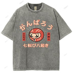 Unisex Japanese Daruma Printed Washed Tee
