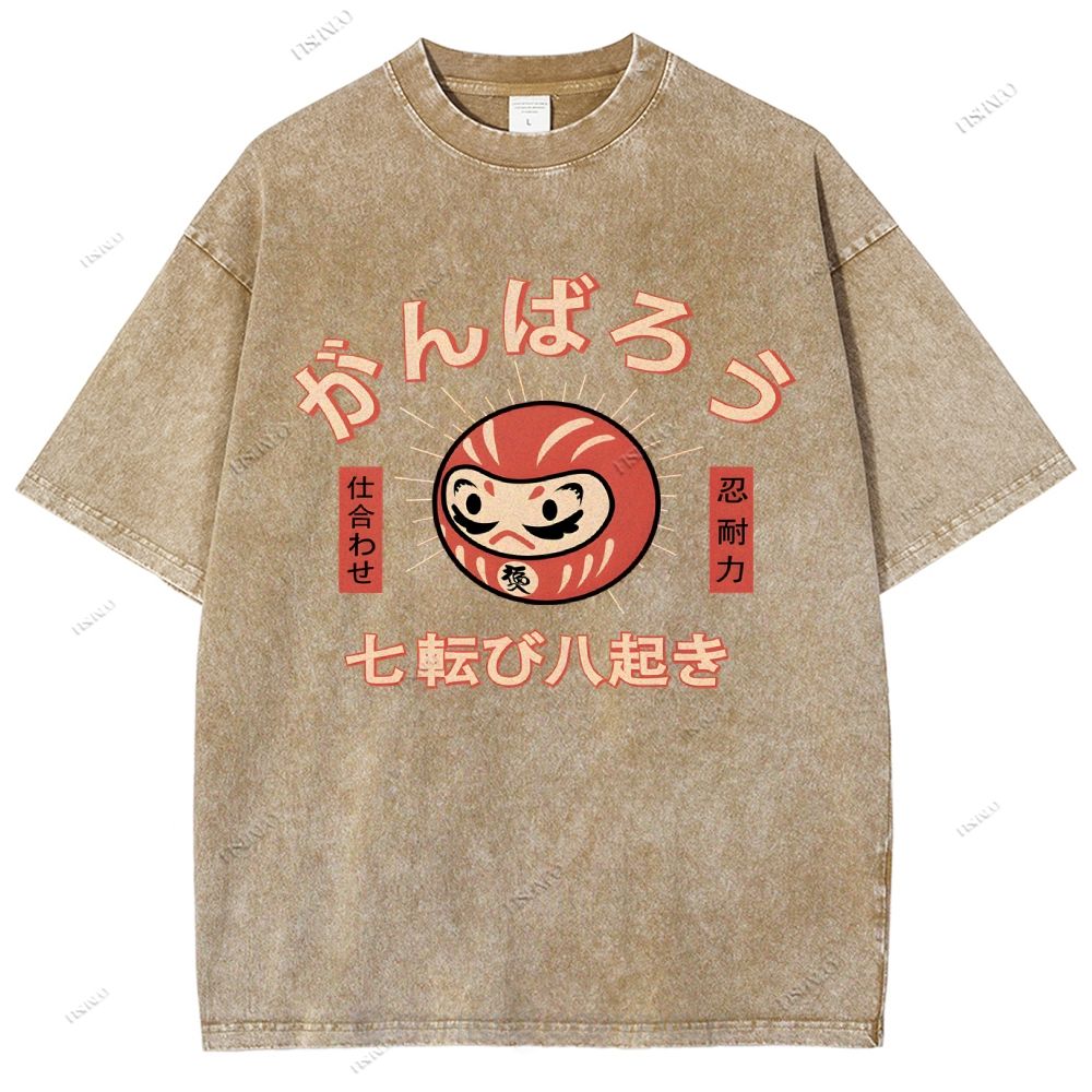 Unisex Japanese Daruma Printed Washed Tee