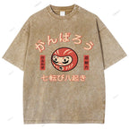 Unisex Japanese Daruma Printed Washed Tee