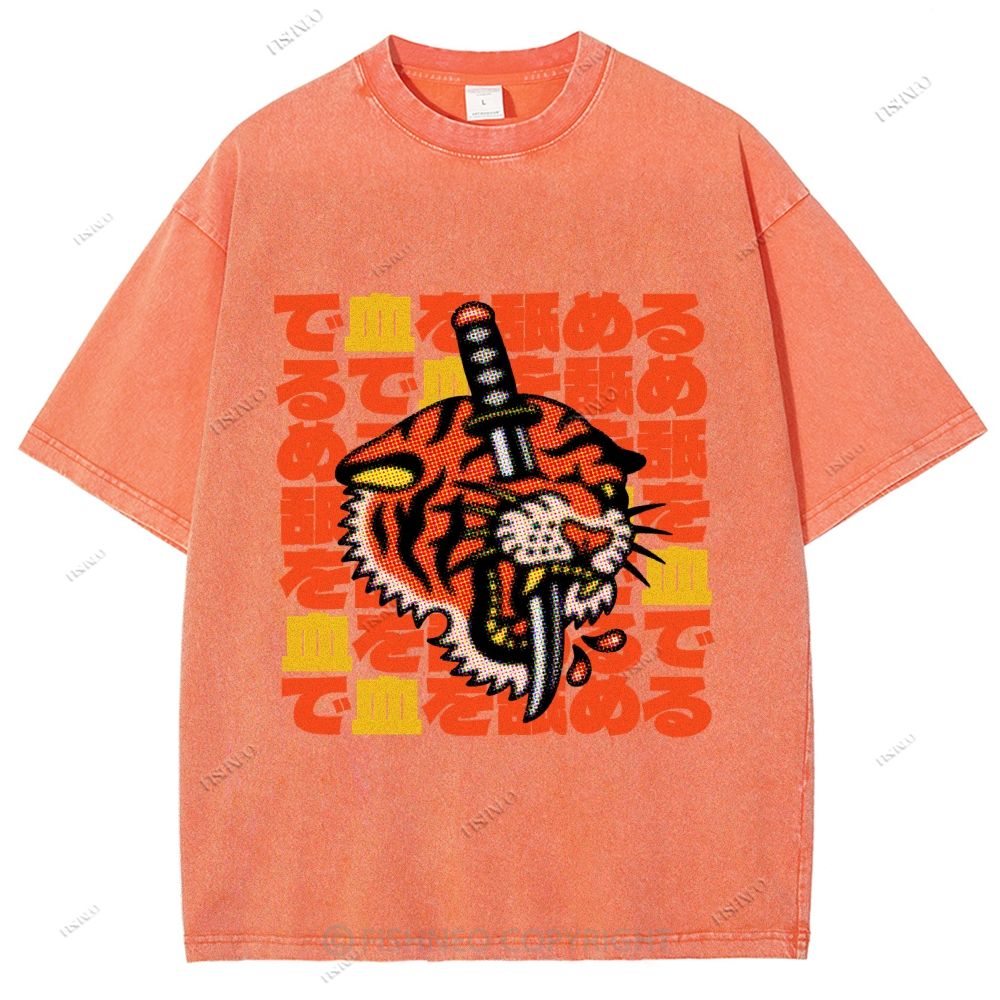 Unisex Japanese Vintage Old School Tiger Printed Washed Tee