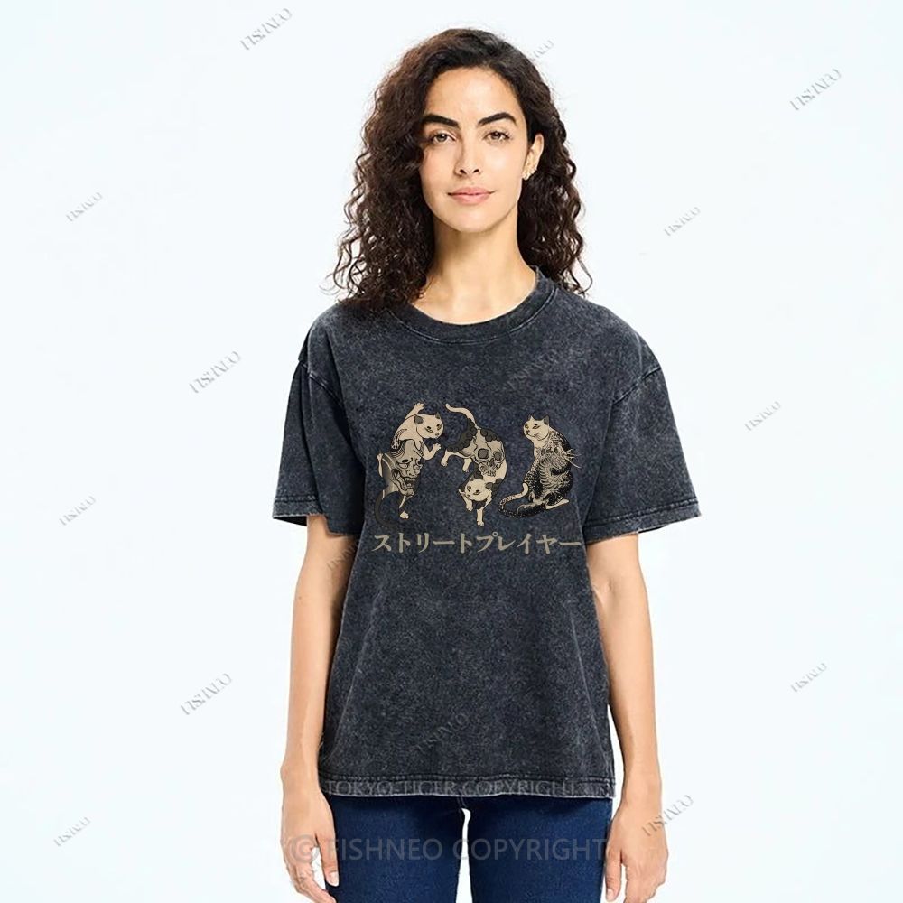 Unisex Japanese Vintage Tattoo Cat Printed Washed Tee