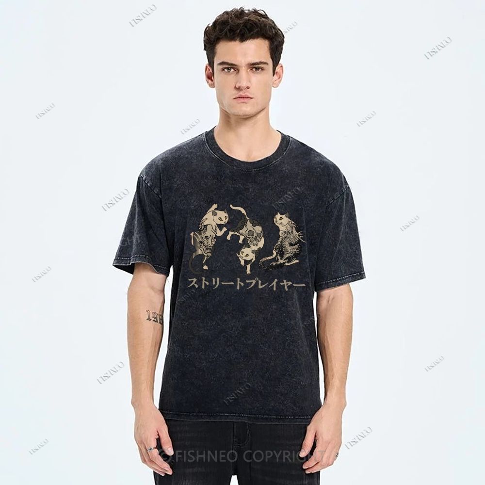 Unisex Japanese Vintage Tattoo Cat Printed Washed Tee