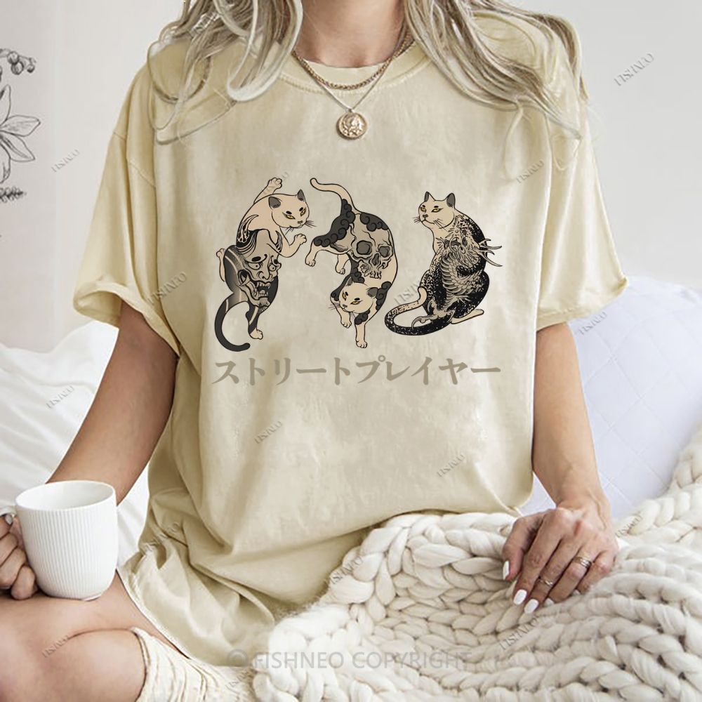 Unisex Japanese Vintage Tattoo Cat Printed Washed Tee