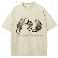 Unisex Japanese Vintage Tattoo Cat Printed Washed Tee