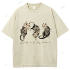 Unisex Japanese Vintage Tattoo Cat Printed Washed Tee
