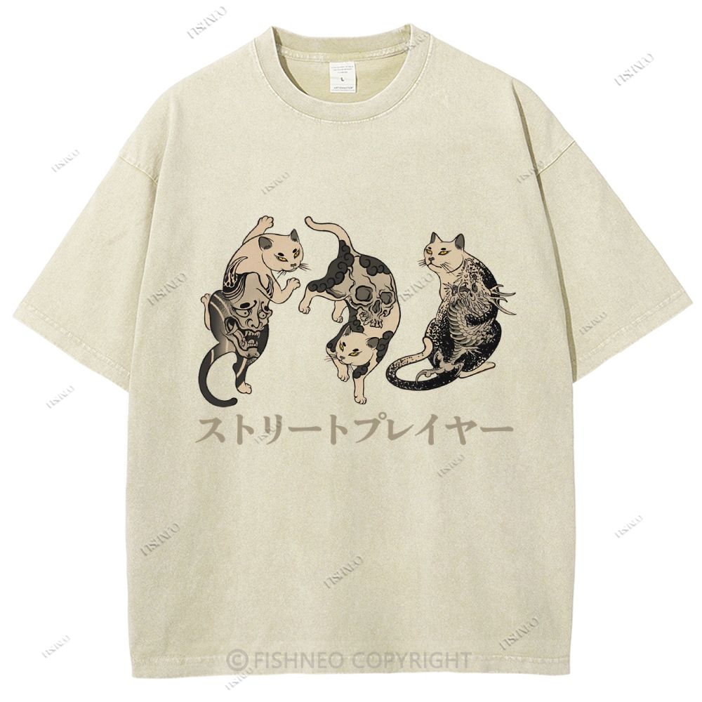 Unisex Japanese Vintage Tattoo Cat Printed Washed Tee