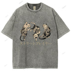 Unisex Japanese Vintage Tattoo Cat Printed Washed Tee
