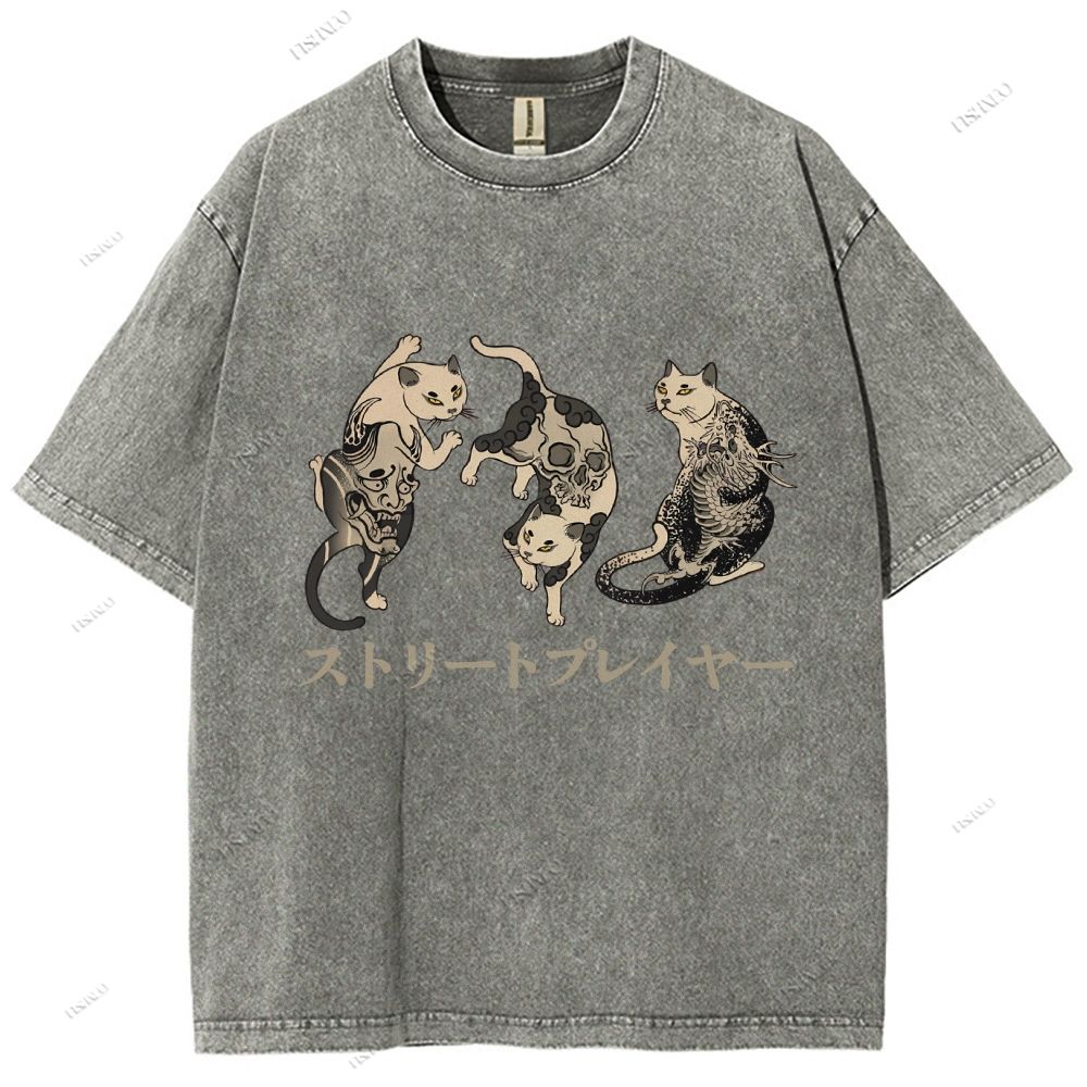 Unisex Japanese Vintage Tattoo Cat Printed Washed Tee