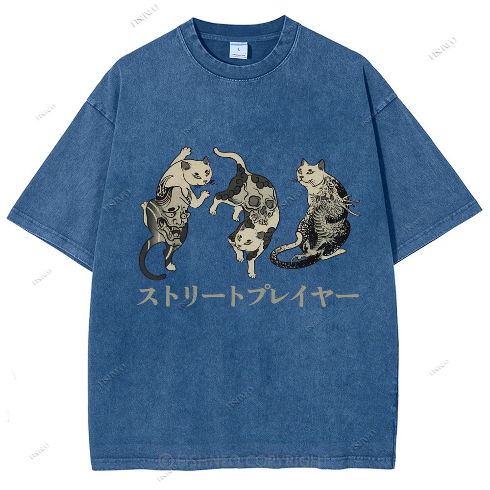Unisex Japanese Vintage Tattoo Cat Printed Washed Tee