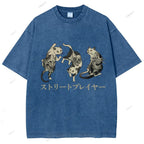 Unisex Japanese Vintage Tattoo Cat Printed Washed Tee