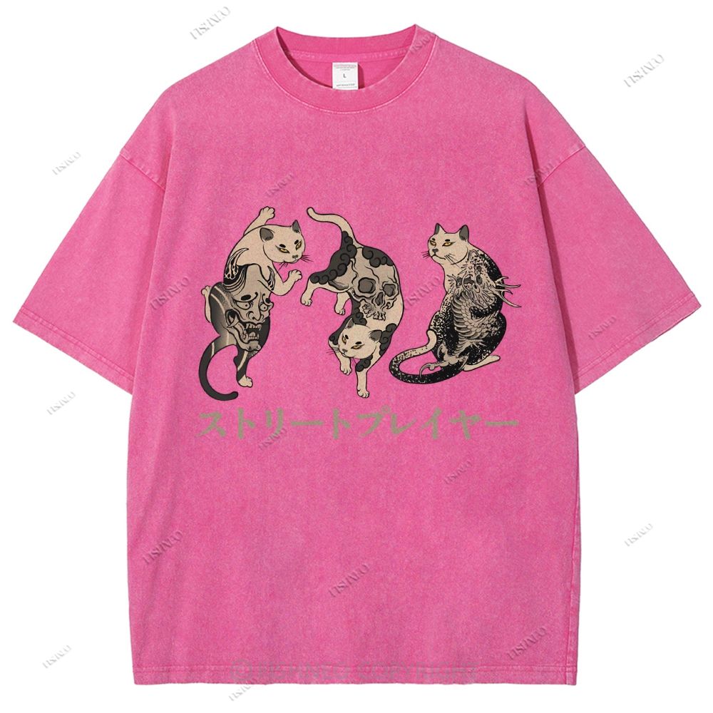 Unisex Japanese Vintage Tattoo Cat Printed Washed Tee