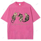 Unisex Japanese Vintage Tattoo Cat Printed Washed Tee