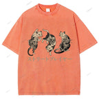 Unisex Japanese Vintage Tattoo Cat Printed Washed Tee